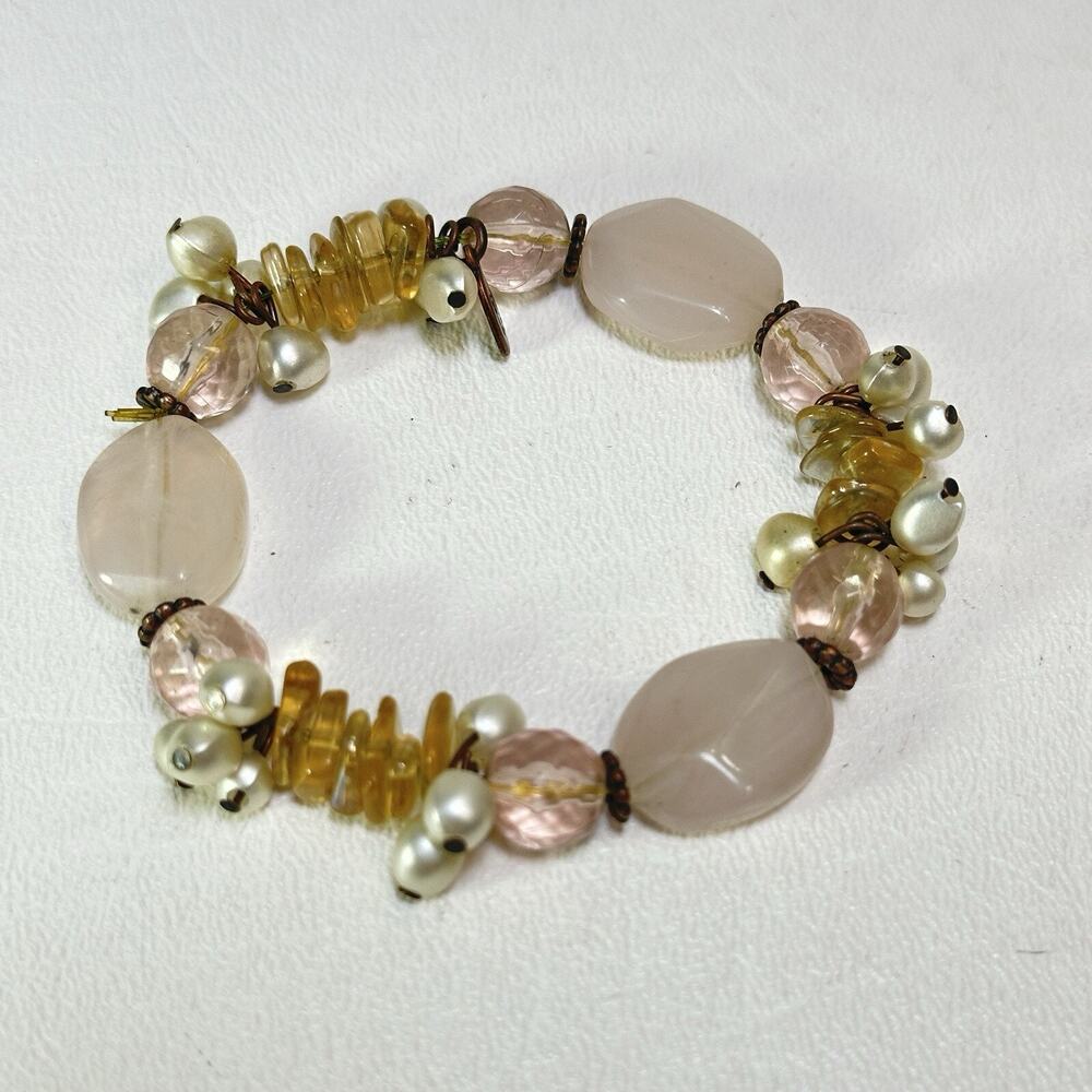 Vintage Cookie Lee Bracelet Chunky Dangle Silver Tone Pink Beaded Strand Stretch